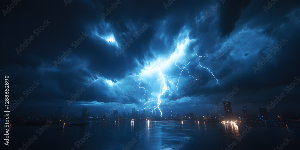 Poster weather conditions over a river with dense clouds and lightning.