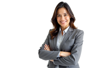 Confident businesswoman smiling in suit, arms crossed. Professional headshot, studio lighting, natural skin tones. Corporate, leadership, HR. Isolated on transparent background.