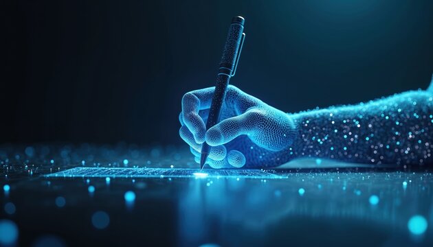 Digital hand signs document. Futuristic glowing blue network lines with pen. E-signatures, advanced tech. Cyberspace concept for secure transactions, digital transformation, innovation, virtual
