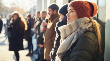Unemployment line outside a public job office on a sunny winter day. Featuring resilience and determination