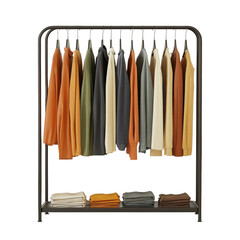 Clothing rack with colorful sweaters, isolated.