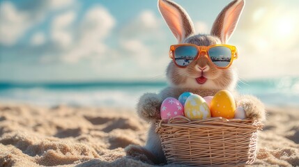 Happy Easter Bunny in Sunglasses Enjoying Beach Cocktail with Egg Basket, Festive Holiday Scene