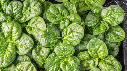 Obraz premium A close-up reveals the vibrant green hue and delicate texture of fresh spinach leaves, their glossy surface glistening like miniature jewels, ready to elevate any dish into a masterpiece of 