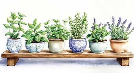 Fototapeta premium Watercolor Illustration of American Herbs on Rustic Three-Tier Plant Stand