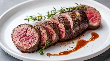 Sliced Beef Tenderloin on Plate with Thyme and Sauce Drizzle