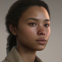 Naklejka premium A highly detailed, hyper-realistic close-up portrait of an AI-generated human face. This digital artwork features lifelike skin textures, expressive eyes, and natural lighting.