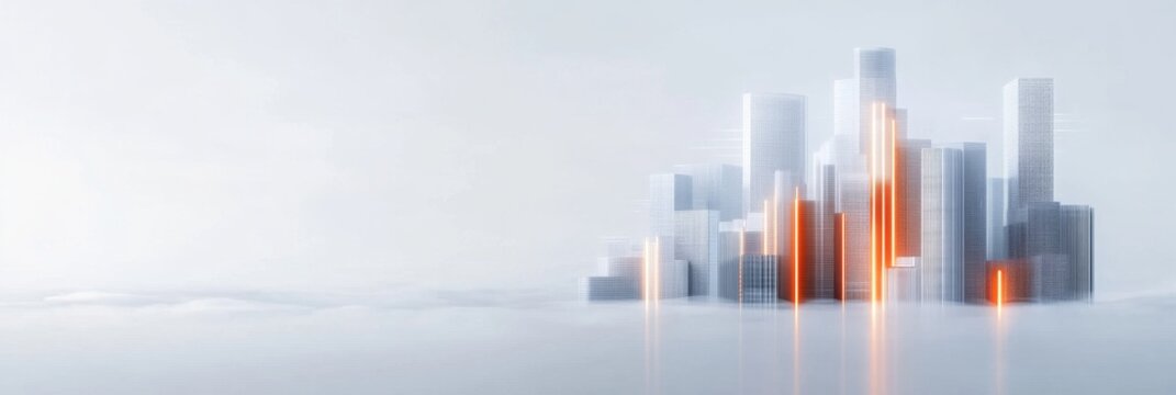 Futuristic skyline with illuminated skyscrapers emerging from clouds in a minimalist cityscape