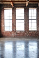 Fototapeta premium Bright industrial space with large windows and brick