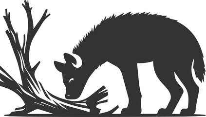 A hyena sniffing a fallen branch, curious vector animal silhouette