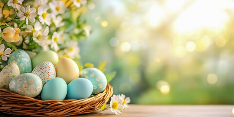 Celebrate Easter with pastel eggs, blooming flowers, and a wicker basket on a wooden table in soft natural light