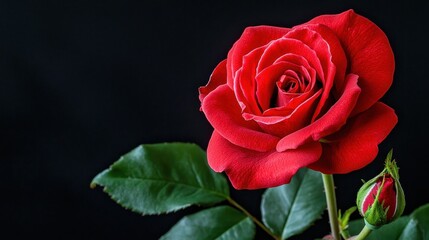 Fototapeta premium A crimson rose, a symbol of love and passion, stands boldly against the stark backdrop of midnight black, its beauty accentuated by the stark contrast. 