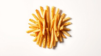 Golden crispy French fries arranged in a sunburst pattern on a white background
