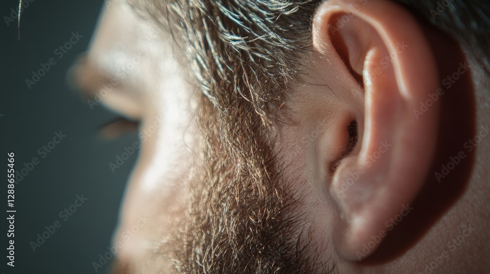 Poster detailed close up of a man's ear highlights the intricate structure of the human auditory system, em