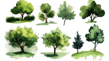 Fototapeta premium A delicate set of watercolor green trees, meticulously hand-painted on a pristine white canvas, is perfect for adding depth and detail to your landscape or architecture designs. These botanical 