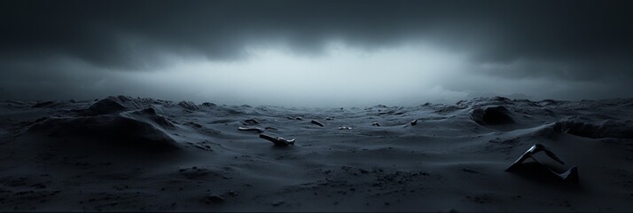 Mysterious metallic objects scattered on a dark, misty landscape