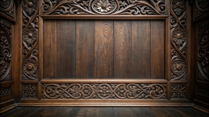 Dark wood background with intricate carvings, warm ambiance, cozy atmosphere, wooden patterns