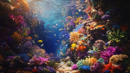 A colorful underwater scene featuring a variety of fish, corals, and other marine life in a vibrant coral reef.