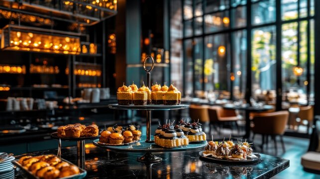 Luxurious hotel restaurant pastries display