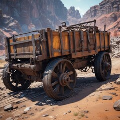 Obraz premium Decaying wooden cart with vertical metal straps holding iron ore, rusty iron, old mining supply