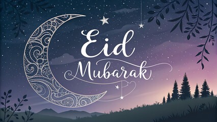 Eid Mubarak Arabic and English greetings on a 3d background with beautiful decorations. Eid_Ul-Fitr mubarak greeetings illustration.