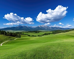 Fototapeta premium Vast green fields under a clear blue sky with majestic mountains in the distance.