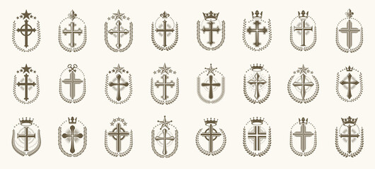 Vintage Christian crosses vector logos or emblems, heraldic design elements big set, classic style heraldry religion symbols, antique designs.