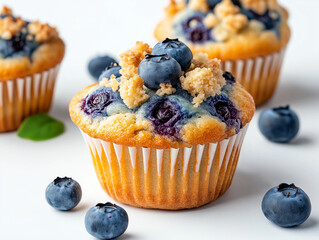 The image showcases a golden blueberry muffin topped with fresh blueberries and a crumbly streusel, highlighting its moist texture and rich berry filling.