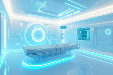 Futuristic hospital room with advanced medical equipment featuring a sleek, illuminated design and robotic technology, creating a sterile and efficient healthcare environment.