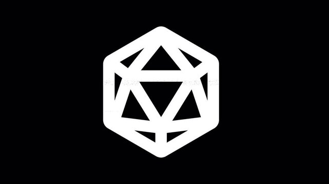 Icon dice d20 is distorted. Glitch. Noise, chromatic aberration, geometric distortion. Transparent background, looped. In-Out looped. Alpha BW at the end