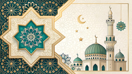 Arabic traditional Ramadan Kareem eastern lanterns garland. Muslim ornamental hanging golden lanterns with mosque, stars and moon vector illustration. Islamic oriental garland.
