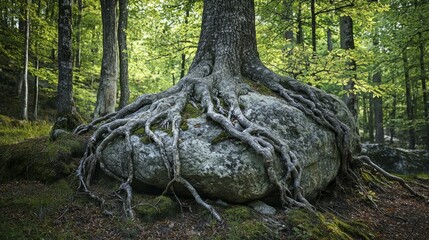 Obraz premium Tree Roots Embracing Large Rock in a Lush Forest Setting
