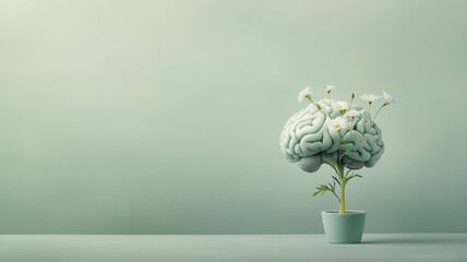 Human brain growing from sprout, planting an idea to mind, mental health strength, personal growth and development, creative positive thinking