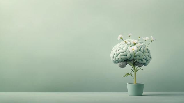 Human brain growing from sprout, planting an idea to mind, mental health strength, personal growth and development, creative positive thinking