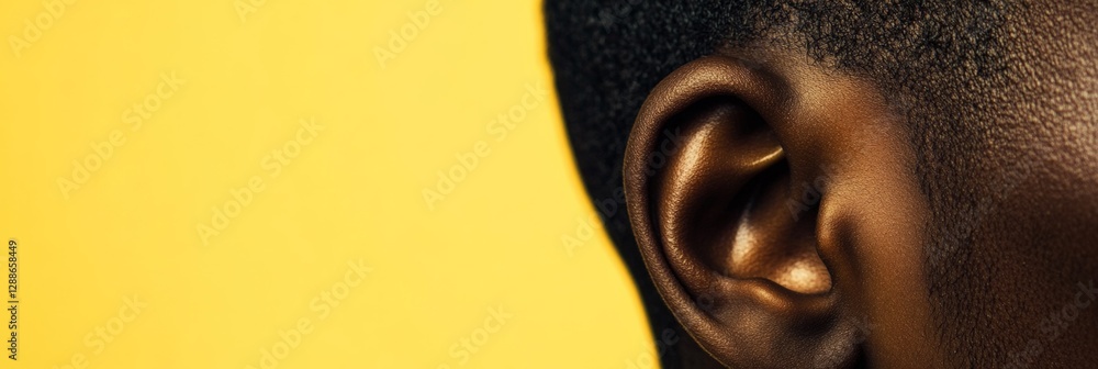 Poster The image presents a detailed close up of a human ear against a vibrant yellow backdrop, highlighting the intricate structure and emphasizing the importance of hearing and auditory perception