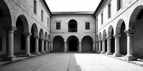 Sunlit Courtyard with Stone Columns and Arched Passages, Architectural Details in Monochrome