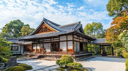 Serene Japanese Temple Surrounded by Lush Greenery and Blue Sky