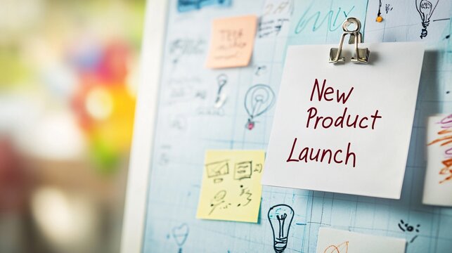 Handwritten Note on Vision Board Announcing New Product Launch