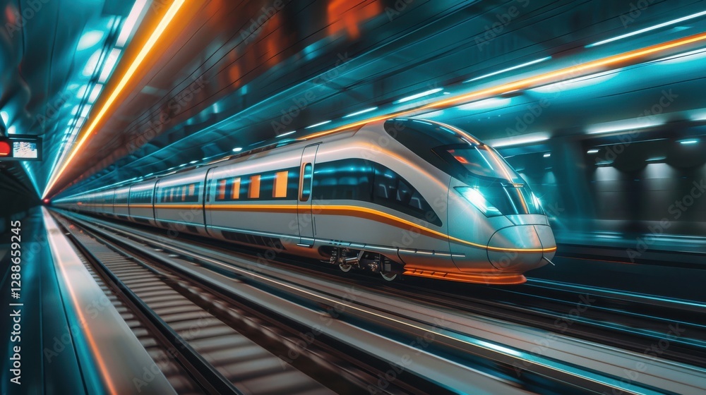 Poster high-speed train in motion through modern urban tunnel with colorful light effects and dynamic persp