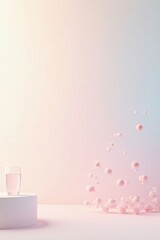 A serene pastel scene featuring a glass of water on a pedestal and a gentle cascade of floating spheres.