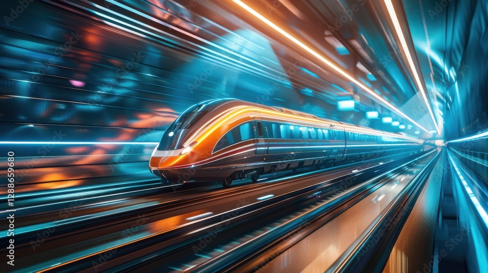 Poster high-speed train in motion through an abstract tunnel with vibrant light trails and futuristic desig