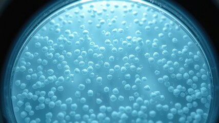 Dense bacteria colonies growing in a uniform pattern on a petri dish, illuminated by the bright light of the microscope's condenser lens, biochemistry, bacterial cultures