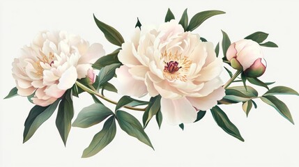 Obraz premium Elegant white peonies in bloom with lush green leaves on a soft background