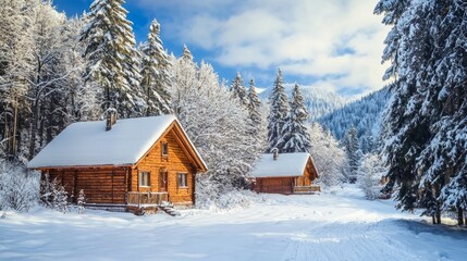 Cozy Wooden Cabins in Snowy Winter Forest Landscape