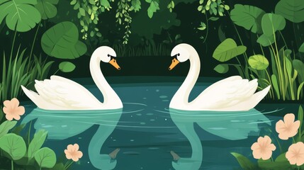 Elegant swans in serene pond amid lush greenery with floral accents