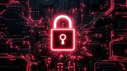 Futuristic Circuit Board with Neon Padlock Symbol
