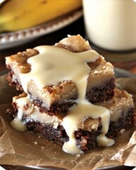 Delicious Dessert Bars with Chocolate Base and Creamy Topping on Plate Still Life Food