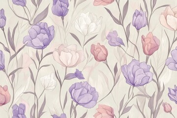 Seamless Pastel Floral Pattern With Delicate Purple Pink Flowers On Beige Background Soft Vintage