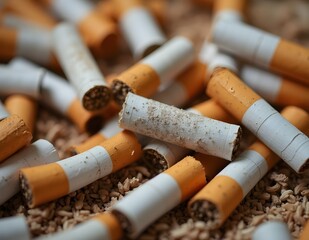 Close-up of pressed cigarette butts, representing the anti-smoking campaign to stop pollution and the negative effects of smoking