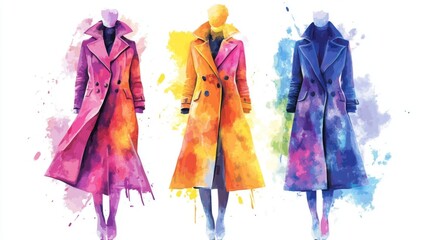 Colorful fashion: vibrant watercolor coats display in artistic style