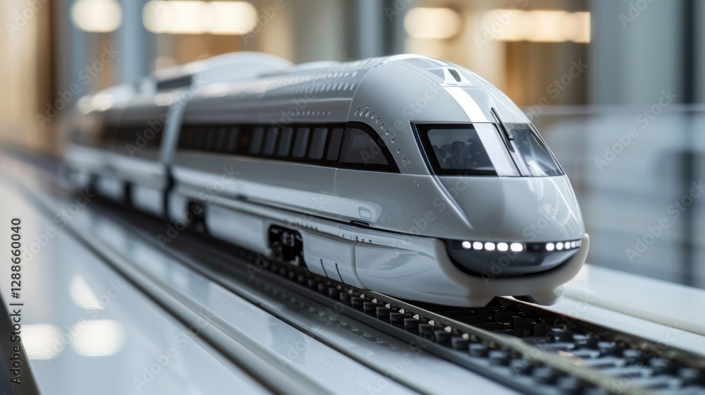 Poster modern high-speed train model on display in a minimalistic environment